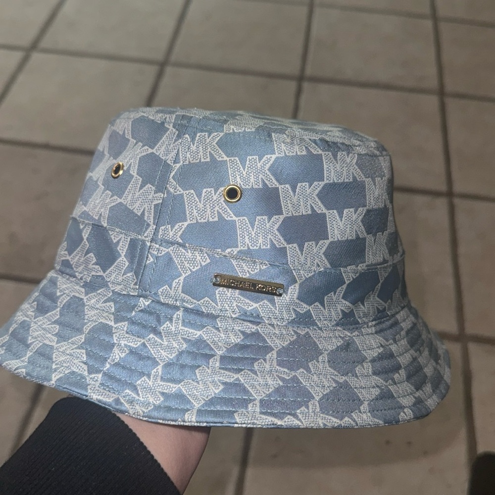 Michael Kors Light Blue and White Logo Bucket Hat